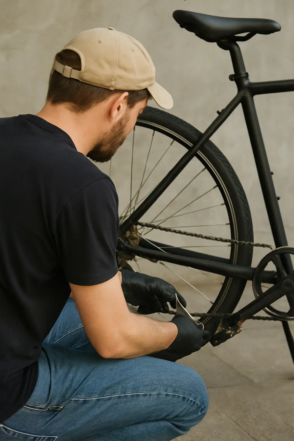 Afbeelding van een persoon die een fiets repareert in een fietsenwinkel in Oldenzaal.